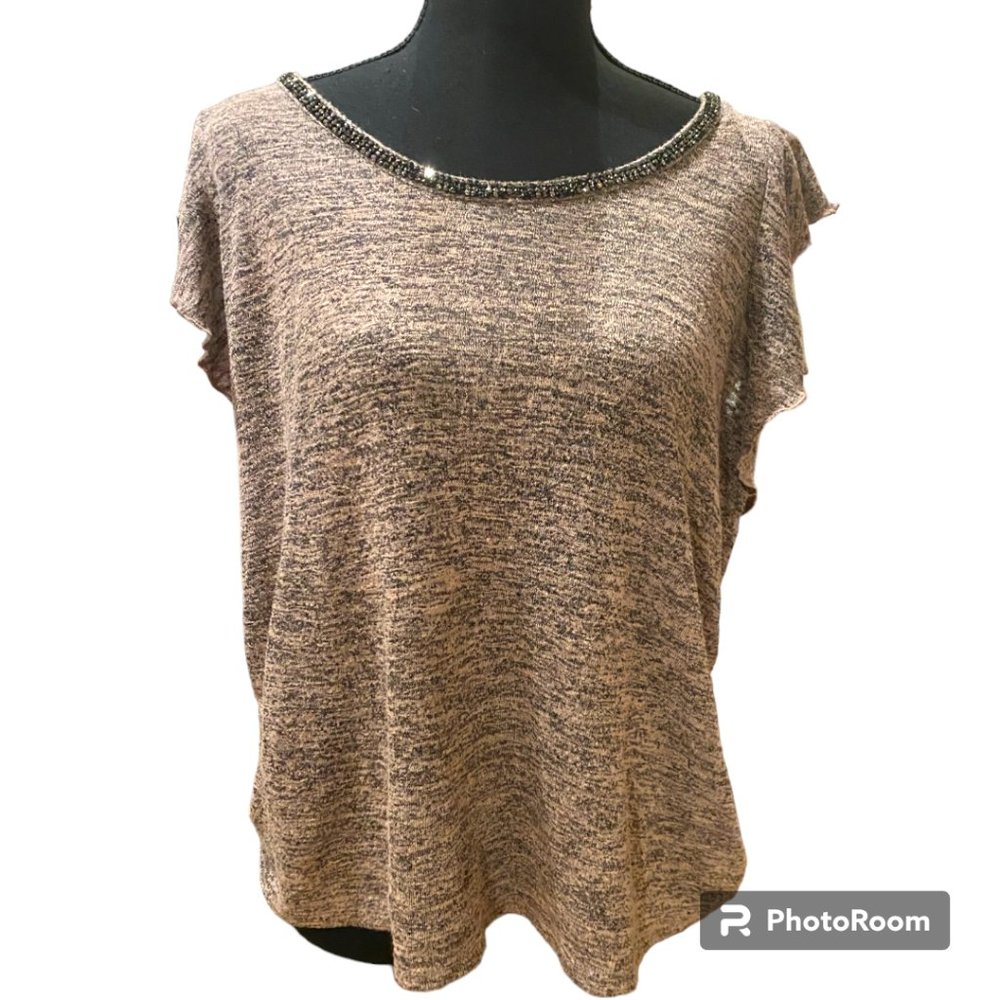 Juicy Couture Rhinestone Neckline pink/heather gray flutter sleeve blouse‎ Sz L